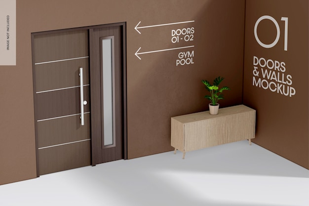 PSD wood door mockup corner view