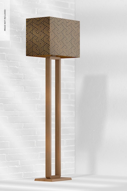 Mockup di lampada da terra con struttura in legno, vista prospettica