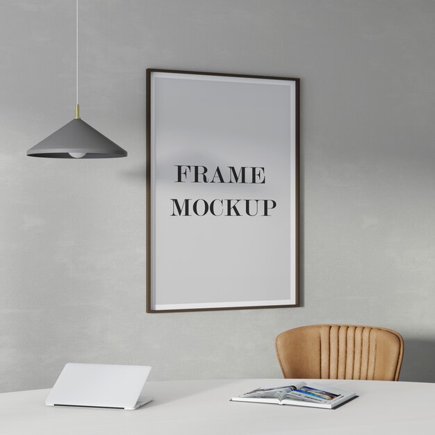 Wood frame mockup on the wall with lamp