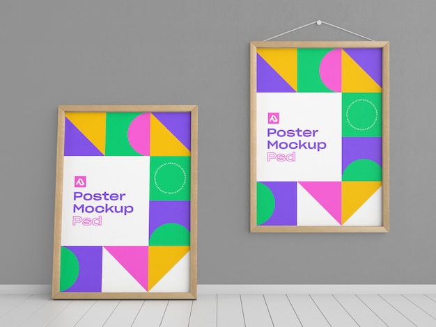 Mockup di poster con cornice in legno sul pavimento