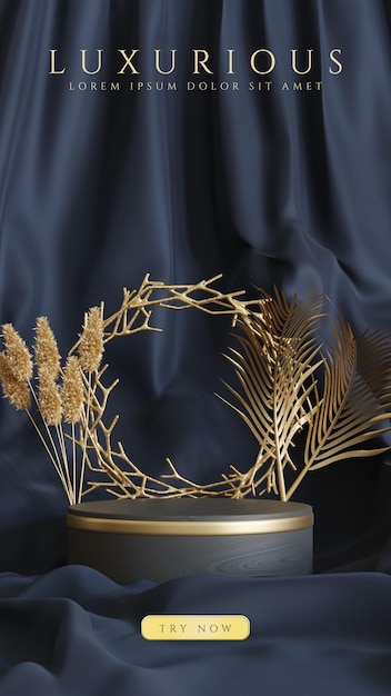 Wood and gold podium with gold plant element in premium luxury look for product presentation