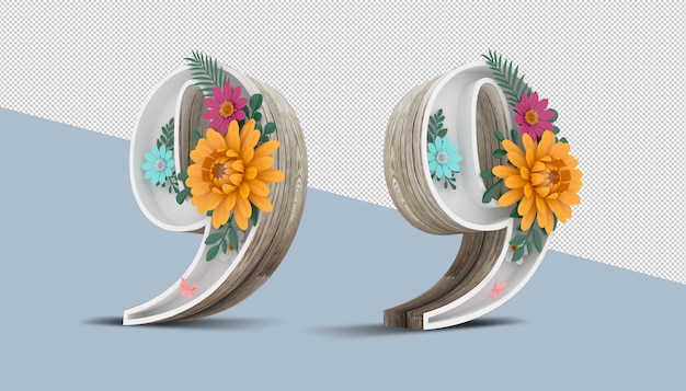 Wood number 9 with colorful flower decoration, 3d rendering