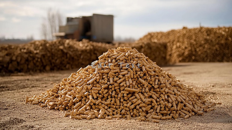 PSD wood pellets pile outdoors near storage