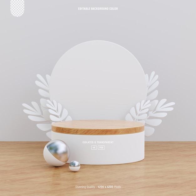 PSD wood podium mockup for product presentation decorated with flat white leaves 3d rendering