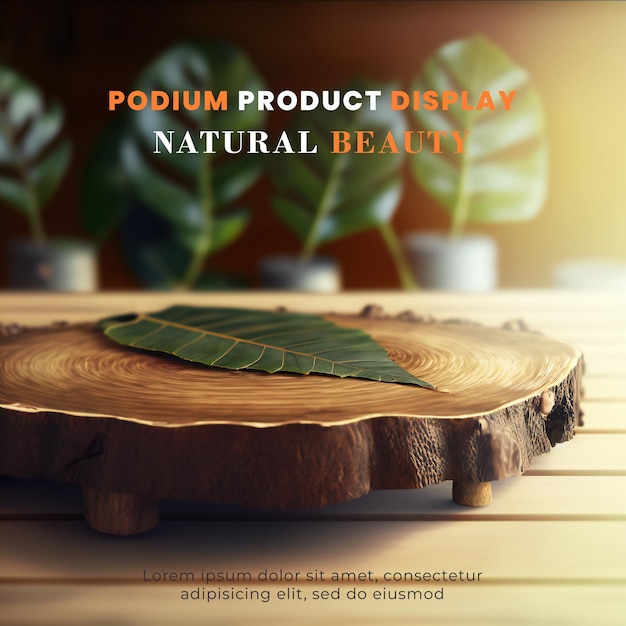PSD 熱帯のヤシの葉で飾られた製品プレゼンテーション用の木製表彰台ステージディスプレイモックアップ