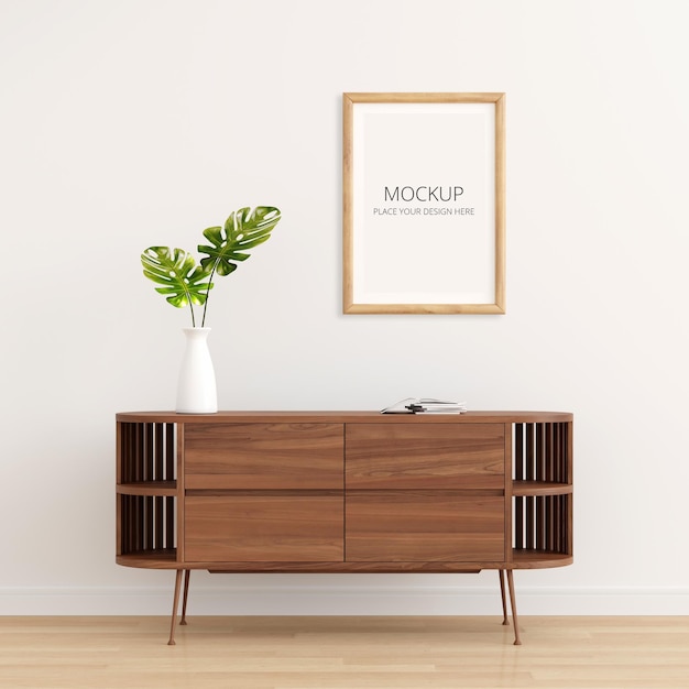 PSD wood sideboard in living room interior with picture frame mockup