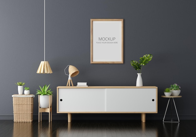 Wood sideboard in living room with frame mockup