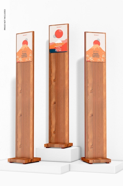 wood stands with a4 poster set mockup