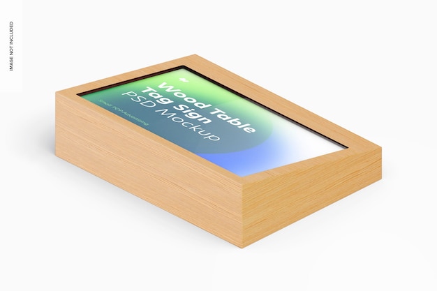 Wood table advertising tag sign mockup, isometric view