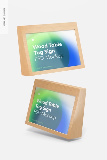 Wood table advertising tag signs mockup, floating