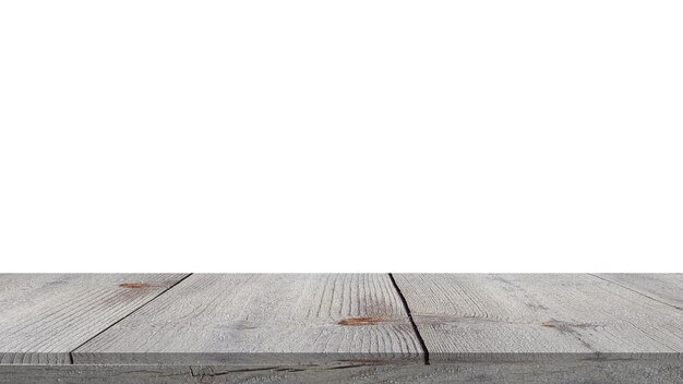 PSD vista frontale del tavolo in legno con sfondo bianco vuoto per l'esposizione del prodotto