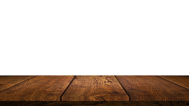 Wood table front view with blank white background for product display