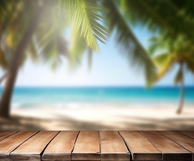PSD ぼんやりした青い海と白い砂のビーチの背景の木製のテーブルトップは,ディスプレイに使用できます