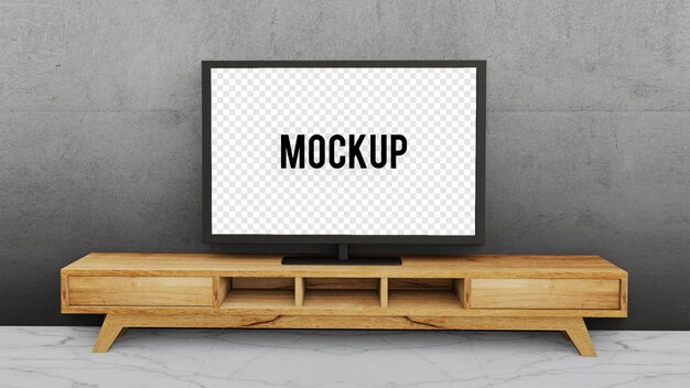 PSD wood table and transaparent tv screen mockup