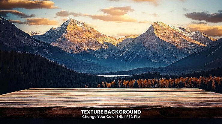 PSD wood terrace and perspective view on forest mountains texture background