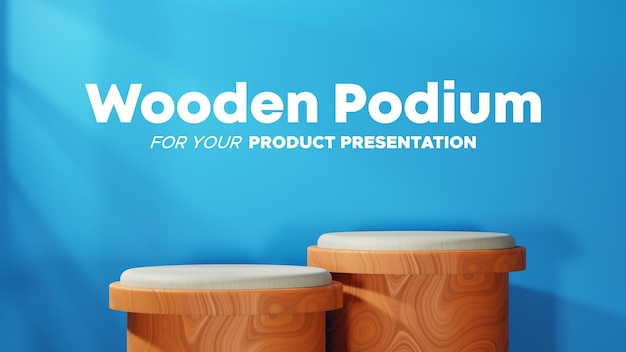 PSD wood textured podium with blue background in landscape for product presentation scene