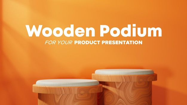 PSD wood textured podium with orange background in landscape for product presentation scene
