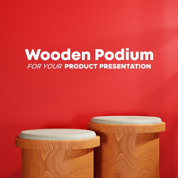 PSD wood textured podium with red background in square for product presentation scene