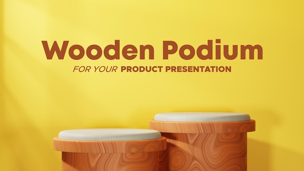 PSD wood textured podium with yellow background in landscape for product presentation scene