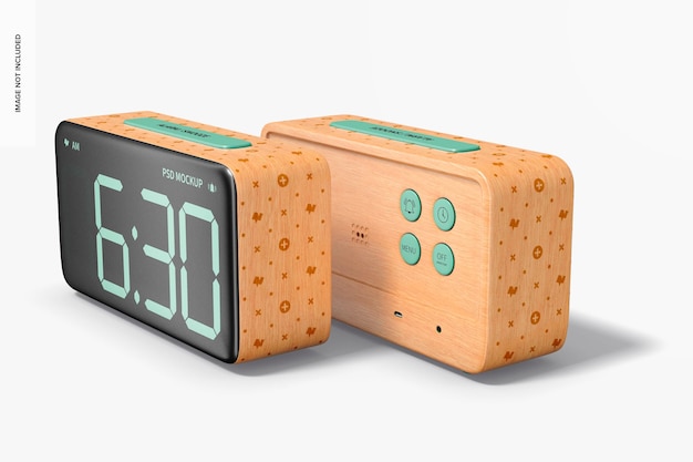 Wooden alarm clocks mockup, front and back view