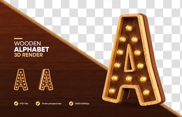 Alfabeto in legno lettera a rendering 3d con lampade realistiche