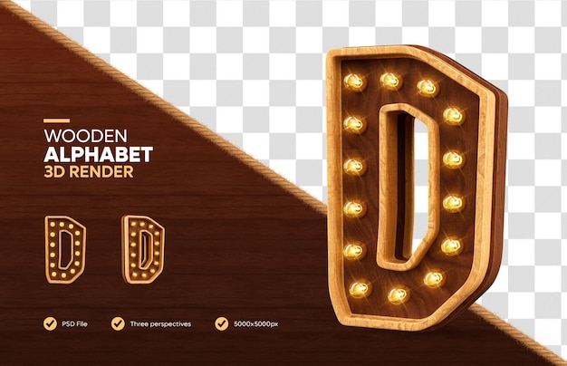 Wooden alphabet letter d 3d render with realistic lamps