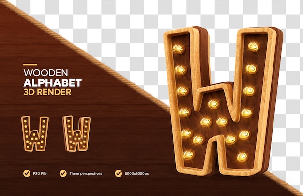 PSD wooden alphabet letter w 3d render with realistic lamps