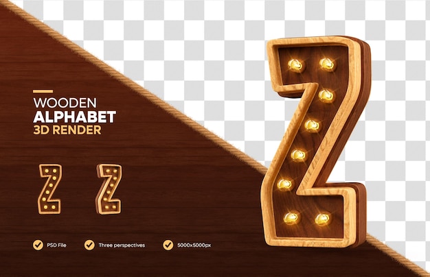 Wooden alphabet letter z 3d render with realistic lamps