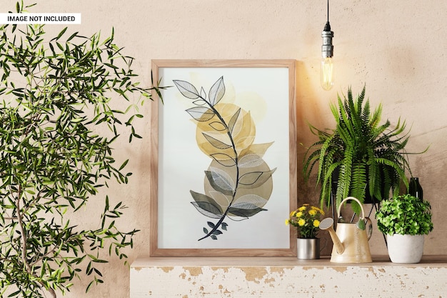PSD wooden art frame with light bulb and plant pots mockup