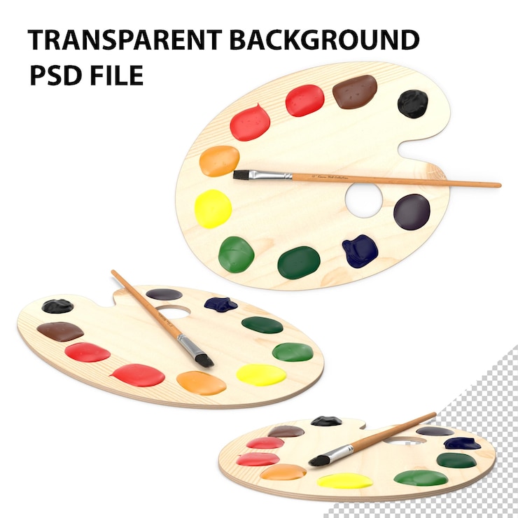 PSD wooden art palette with paint and brush png