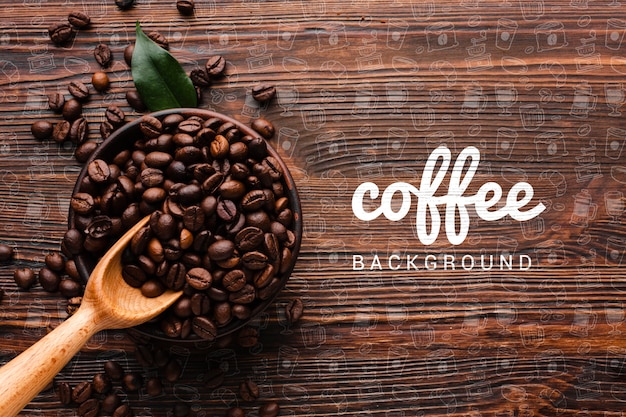 PSD wooden background with coffee beans