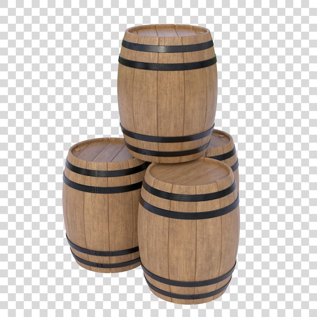 Wooden barrels isolated on white background 3d render illustration