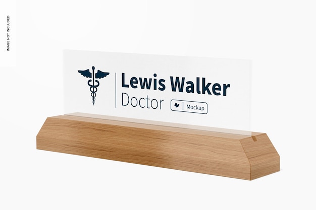 Wooden base name plate mockup, perspective view