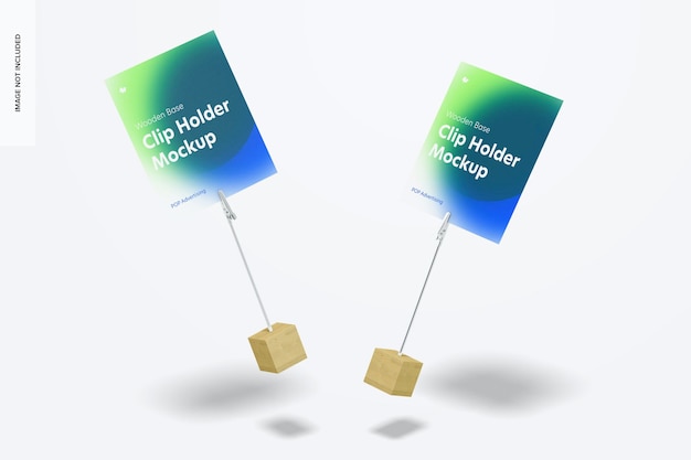 Wooden Base Photo Clip Holders Mockup, Falling