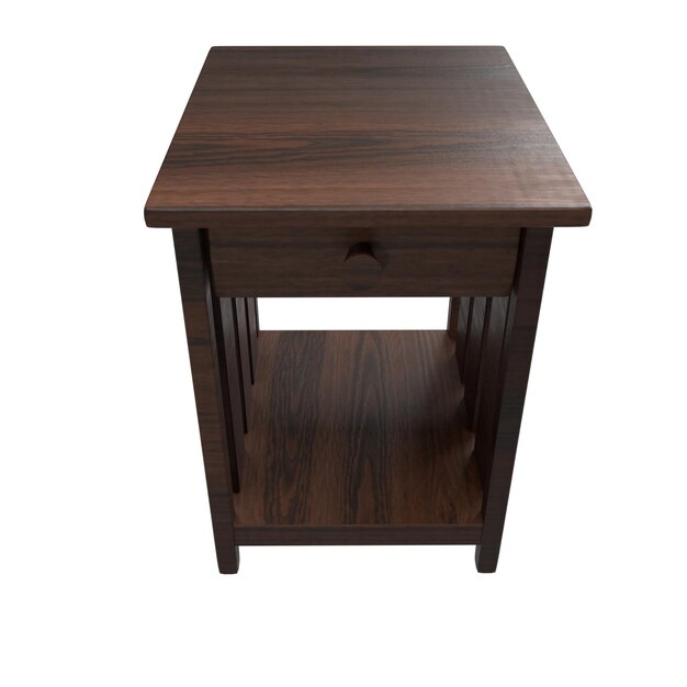 Wooden bedside table with one drawer. Modern designer desk on white background front-up view.