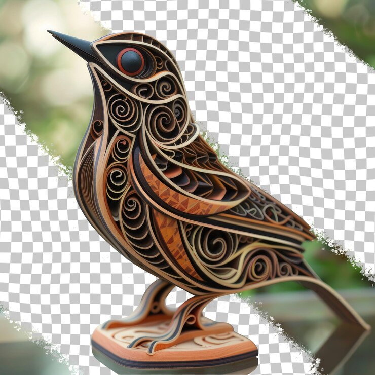 PSD a wooden bird figurine with a design on it