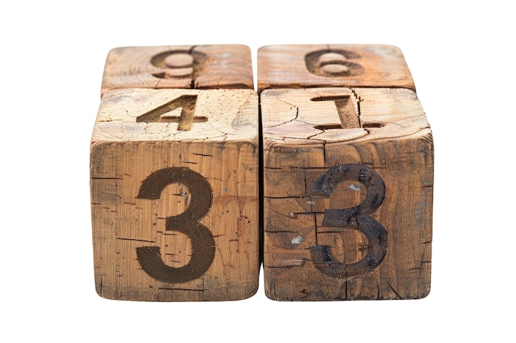 PSD wooden block with carved numbers isolated on white background toy photo aig57