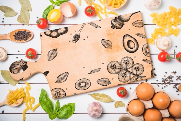 Wooden board mockup with healthy food concept