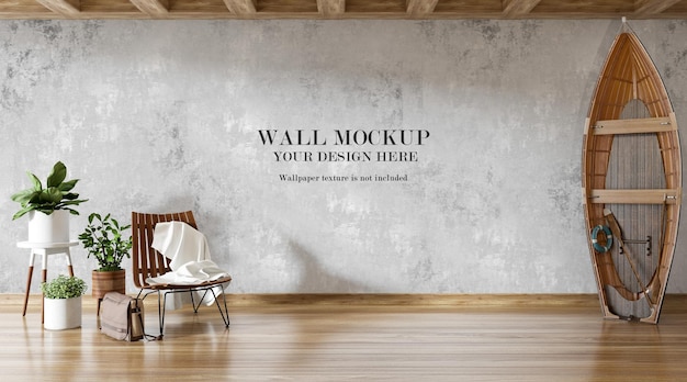 Wooden boat leaning against mockup wall