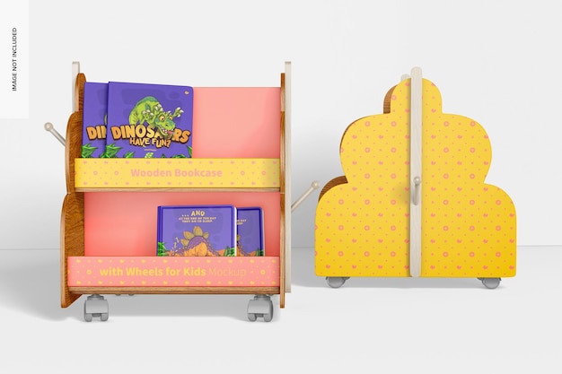 Librerie in legno con ruote per bambini mockup, vista frontale