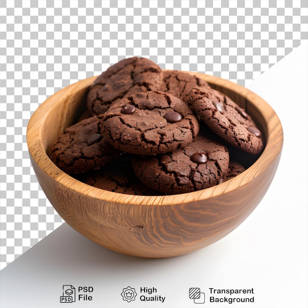 A wooden bowl of chocolate cookies isolated on transparent background