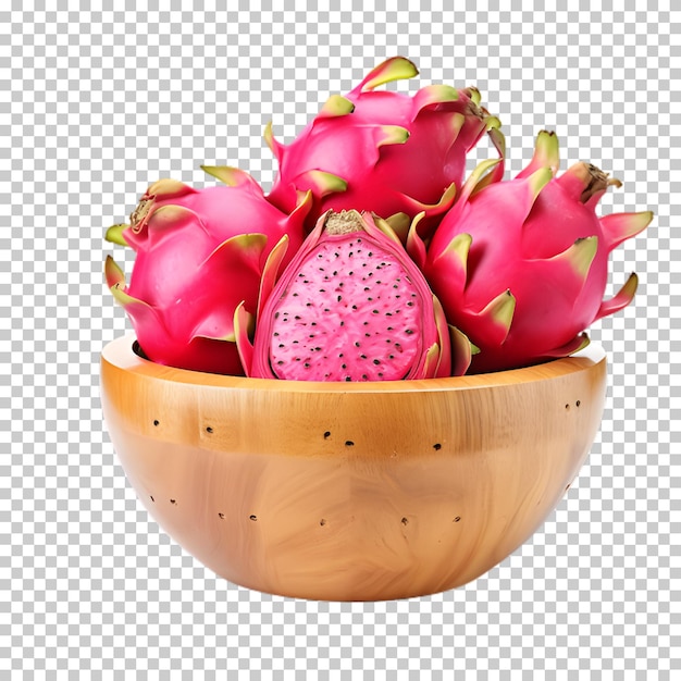 PSD wooden bowl of dragon fruit isolated on transparent background