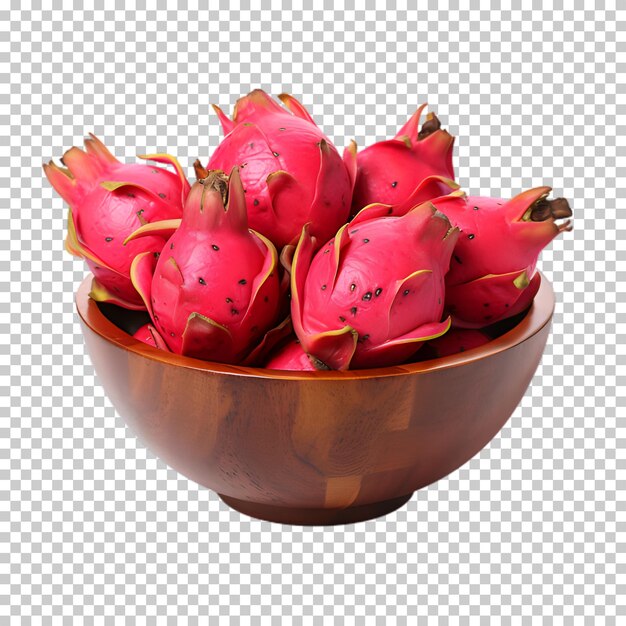 Wooden bowl of dragon fruit isolated on transparent background