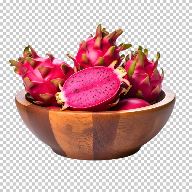 PSD wooden bowl of dragon fruit isolated on transparent background