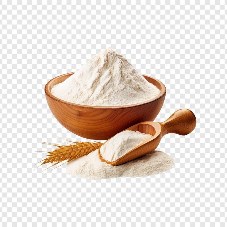 PSD wooden bowl of flour with wheat branch isolated on transparent background