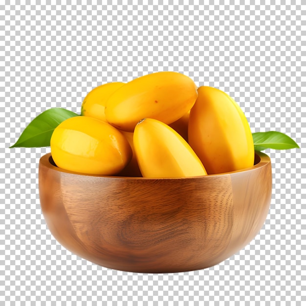 PSD Деревянная миска с фруктами манго, выделенная на прозрачном фоне