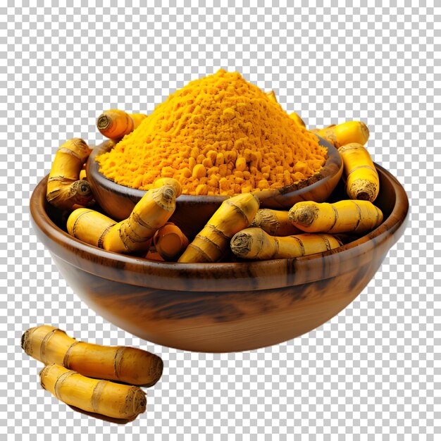 PSD wooden bowl of turmeric isolated on transparent background