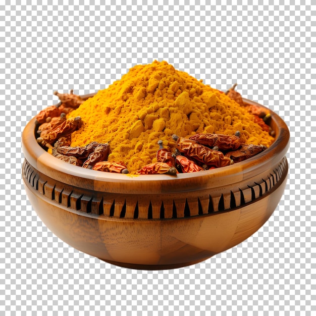 PSD wooden bowl of turmeric isolated on transparent background