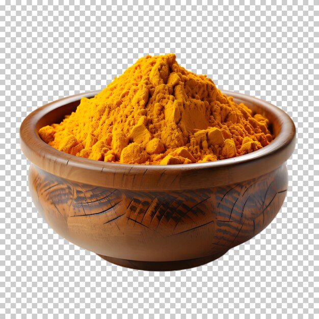 Wooden bowl of turmeric isolated on transparent background