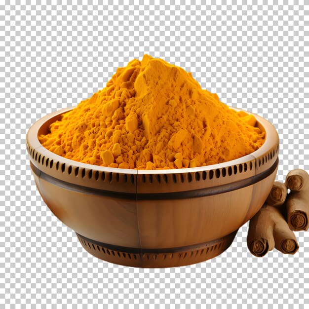 PSD wooden bowl of turmeric isolated on transparent background